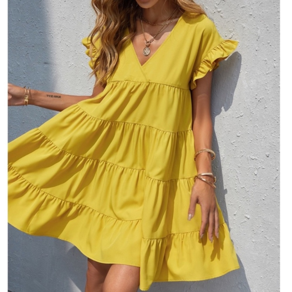 Boho v neck ruffle sleeve smock mini dress - Picture 4 of 16
